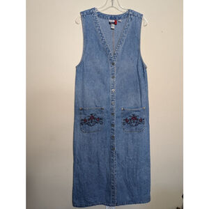 J..L. N.Y. Women's M Sport Blue Denim Maxi Dress Floral Embroidery Conservative
